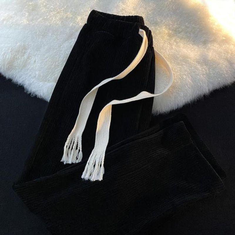 

Wide Leg Pants with Drawstring Lacing Hong Kong Style Drawstring Lace Straight-leg Loose Pants black L