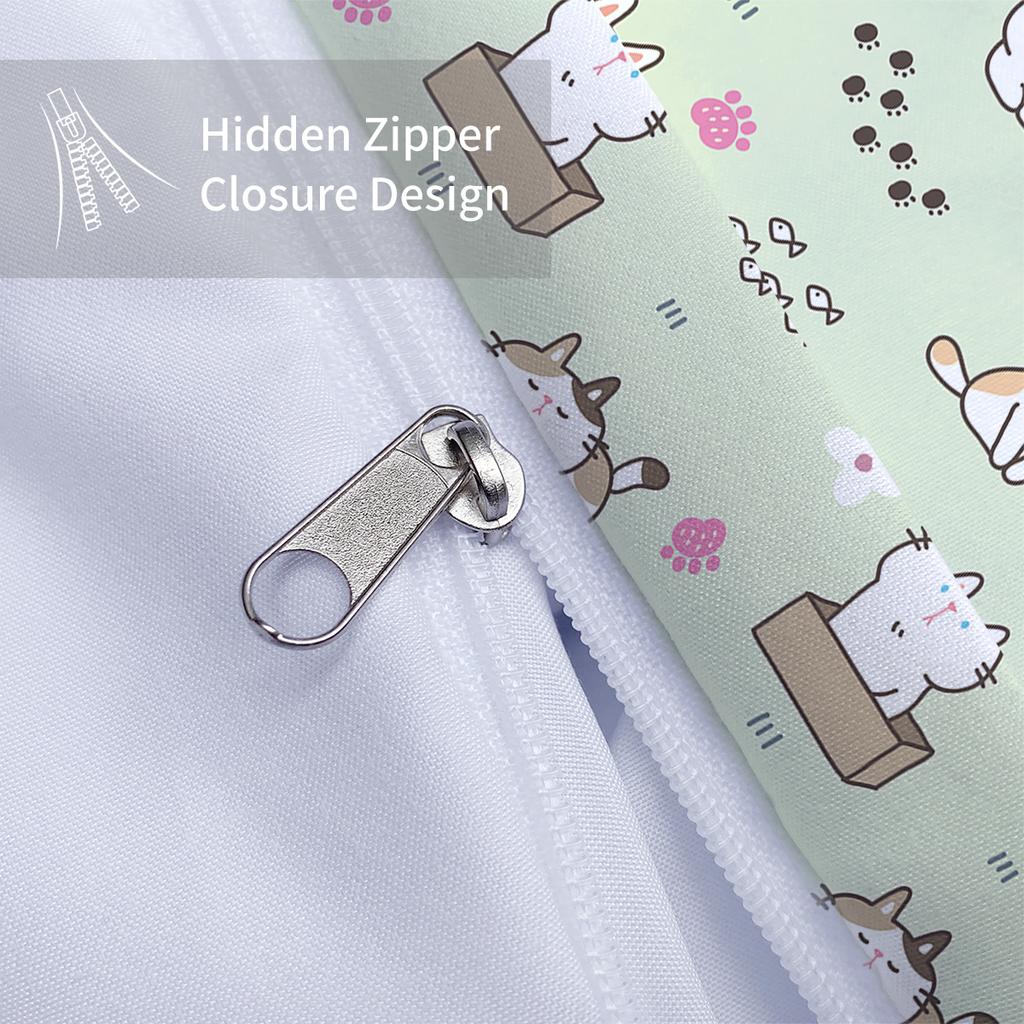 3-piece down duvet cover with green cartoon cat pattern print (1 down duvet cover+2 pillowcases, no core) Soft bedding set