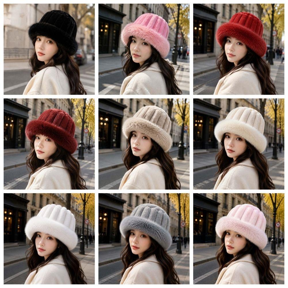 Faux Fur Brim Puffy Bucket Cap Vertical Texture Plush Trapper Hats Fluffy Winter Bonnet Students