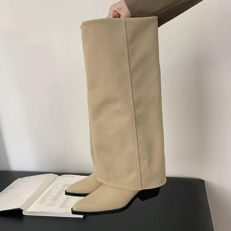 Four Season Women Knee High Boots Pointed Toe Black Apricot Coarse Heeled Boots  New Slip on Sexy Party Pumps