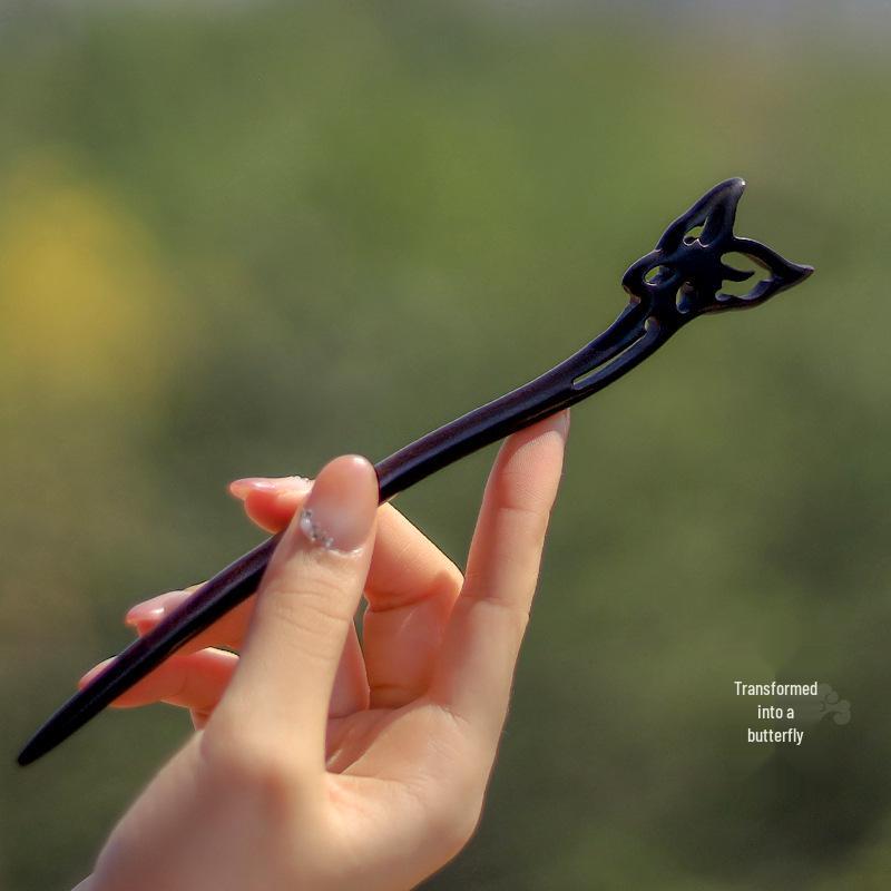 High-End Natural Ebony Wood Hairpin - Extended Chinese Ancient Style Black Hair Bun Accessory