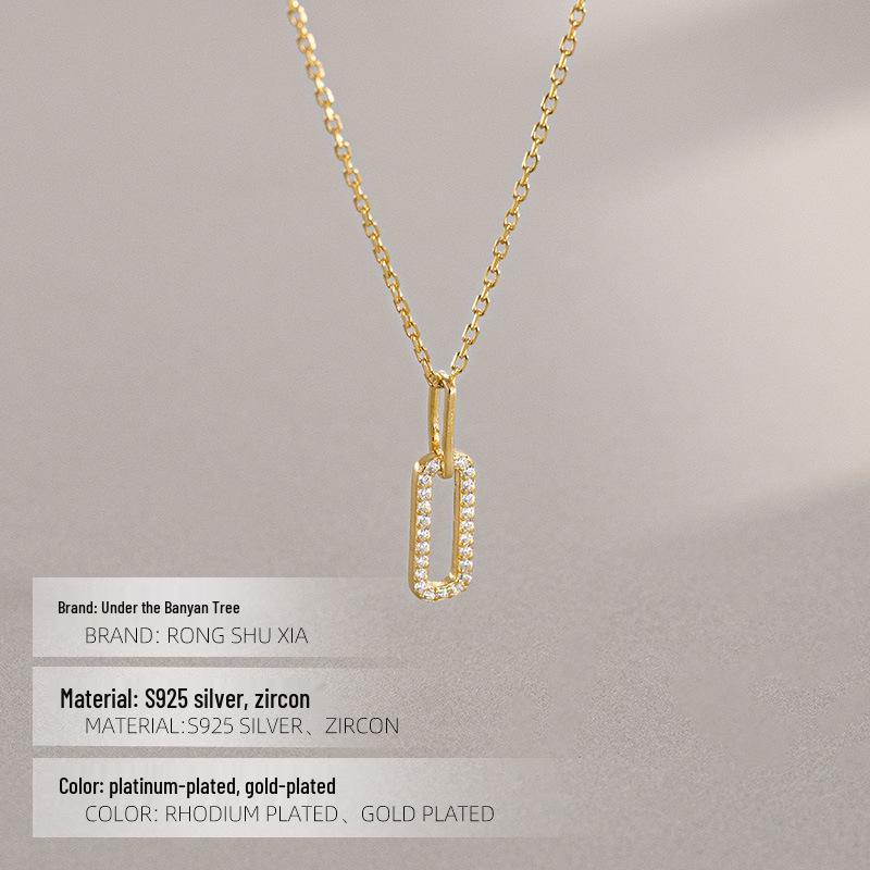 Banyan Tree S925 Silver Geometric Paperclip Necklace with Sparkling Diamond