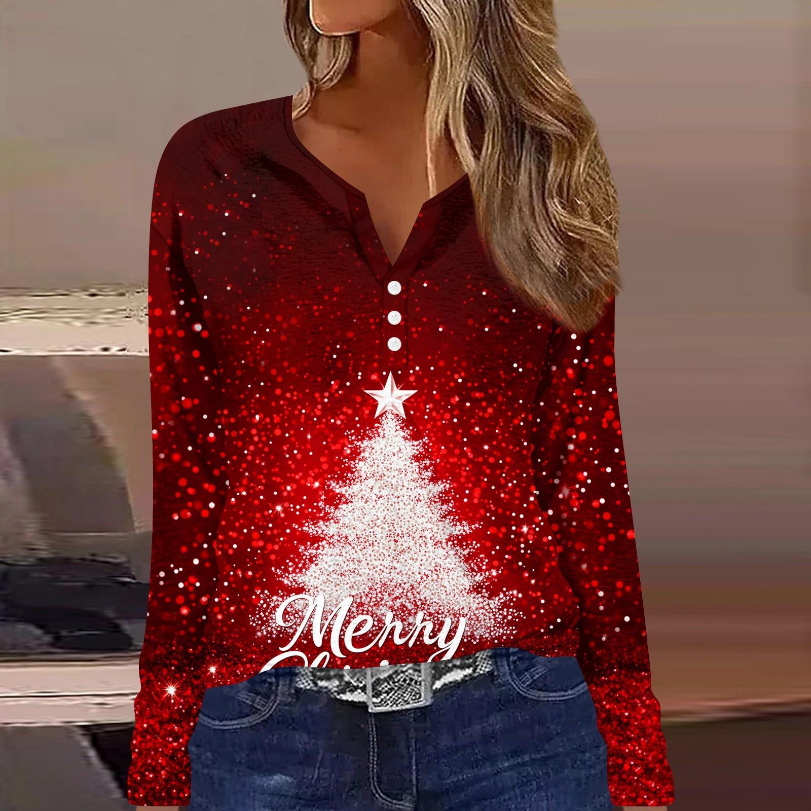 

Женская футболка с пуговицами и рождественским принтом, длинный рукав, повседневная, выходного дня, модная, базовая, с V-образным вырезом, обычная M винный