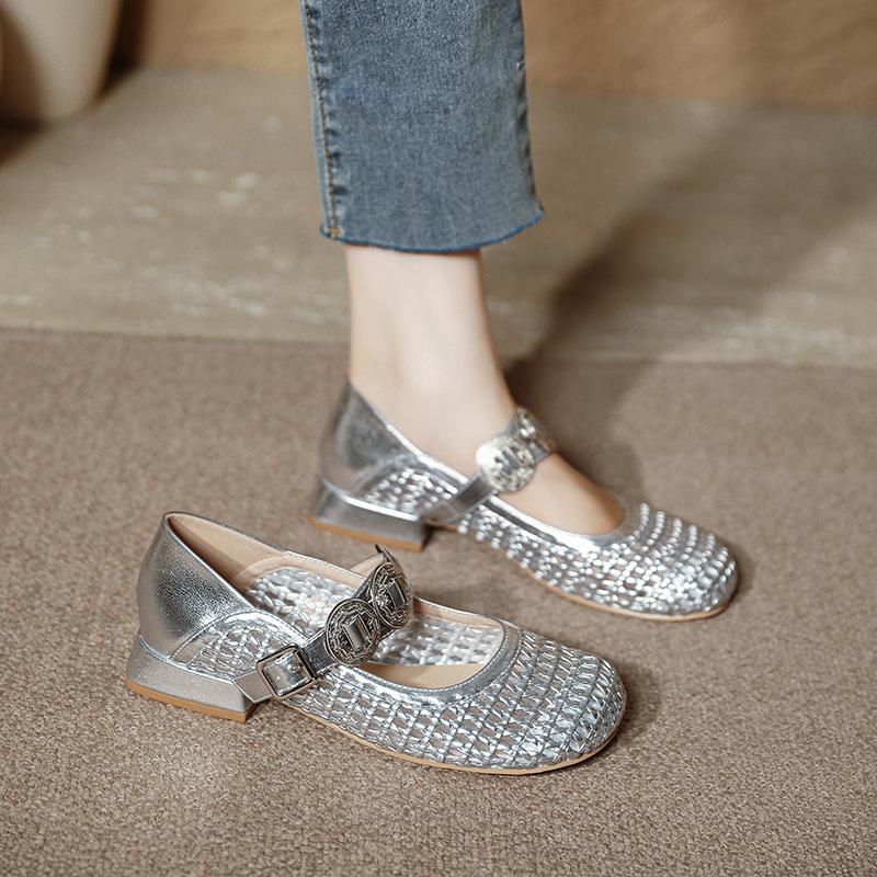 Woven Hollow Shoes Niche Mesh Toe Shoes Metal Buckle One-strap Women's Shoes Round Toe Flat Mary Jane Shoes