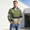 Men's Fall Winter Paneled Print Zip Neck Pullover with Stand Collar Casual Wrinkle- Athletic Top