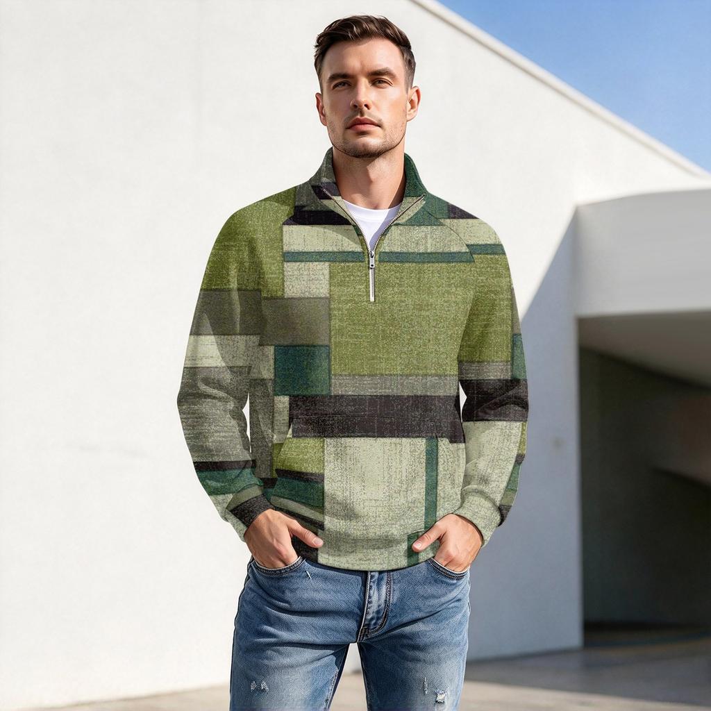 Men's Fall Winter Paneled Print Zip Neck Pullover with Stand Collar Casual Wrinkle- Athletic Top