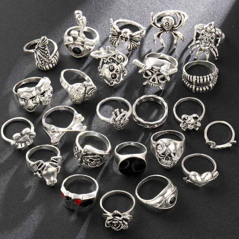 New dark hip-hop skull spider card exaggerated retro ring 24-piece set punk ring jewelry