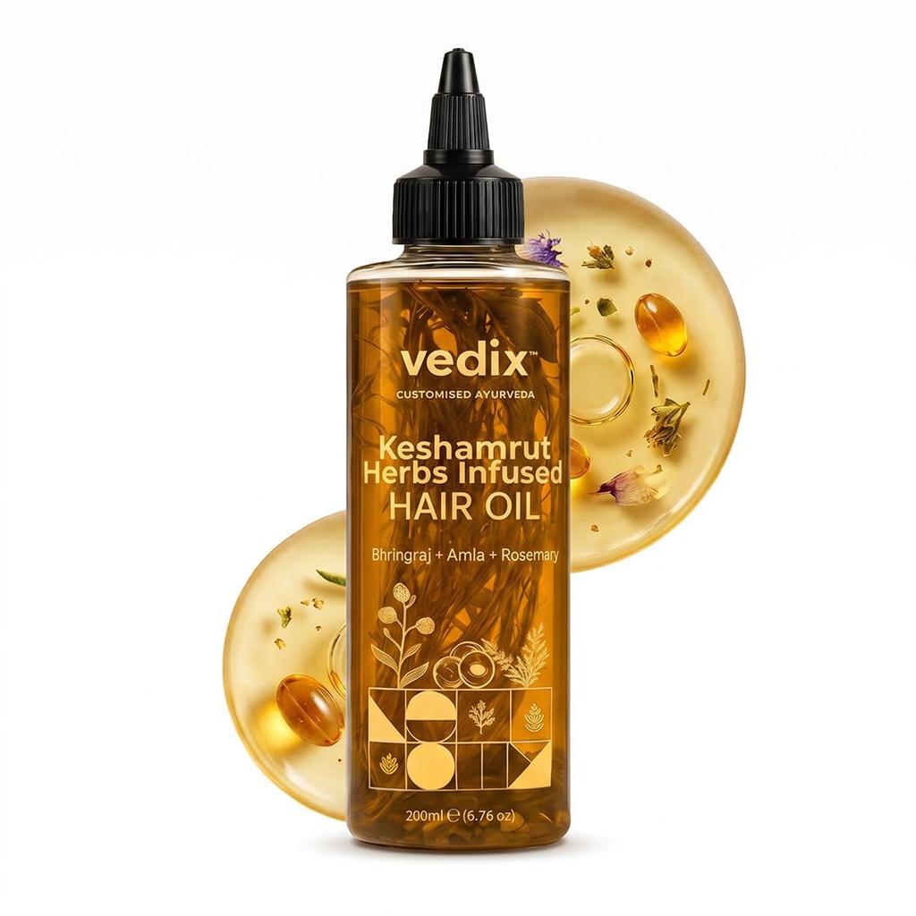 Vedix Keshamrut Herbs Infused Ayurvedic Hair Oil With Bhringraj, Amla & Rosemary I Control Hair Fall & Boost Hair Growth I 16+ Whole Herbs, Leave