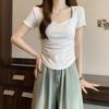 Women's Square Neck Short Sleeve T Shirt Solid Slim Fit Tee Summer Casual Streetwear Top