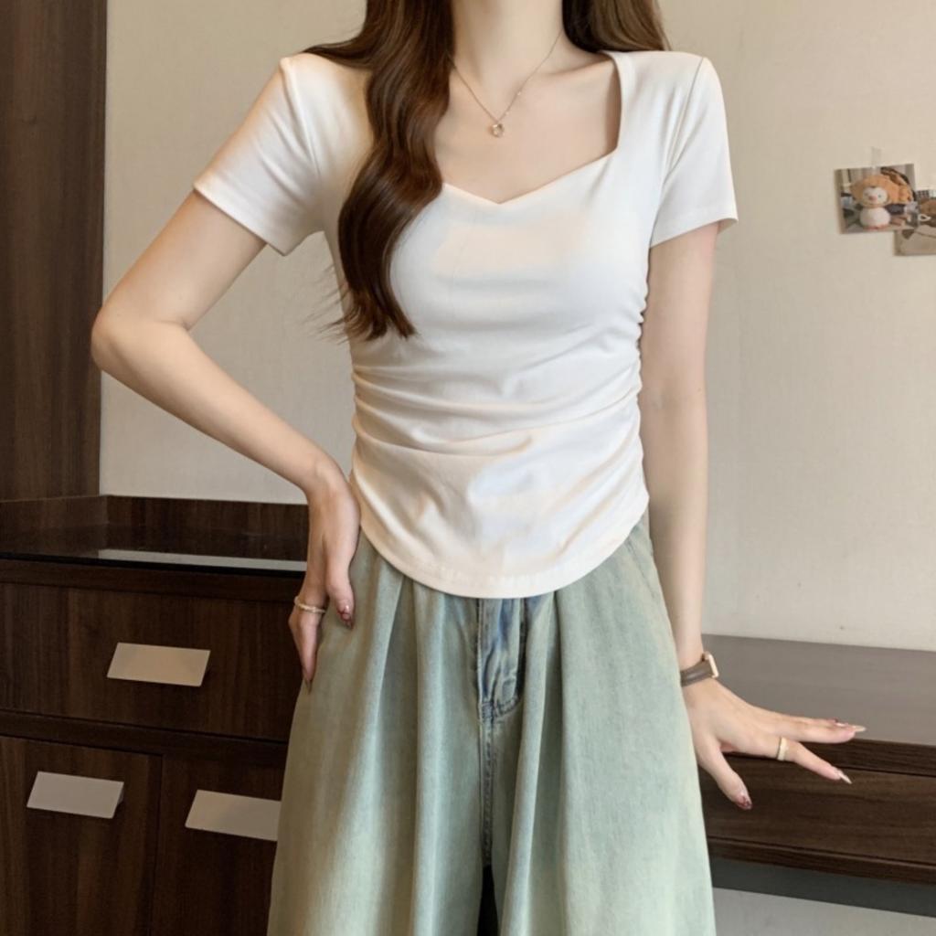 Women's Square Neck Short Sleeve T Shirt Solid Slim Fit Tee Summer Casual Streetwear Top