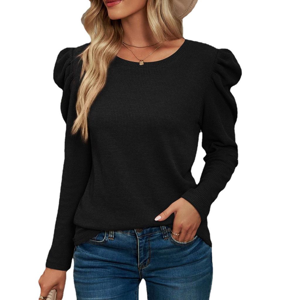 2024 Autumn/Winter New European And American Long Sleeve Folded Splicing Round Neck Waffle T-Shirt Top For Women
