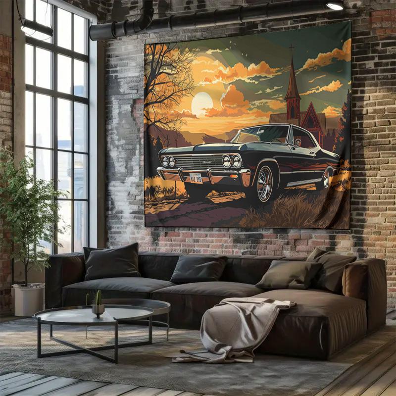 Vintage Klassiker Amerikanischer Muscle Car Wandteppich Nostalgische Landschaft Schlafzimmer Dekor
