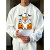 Men's Graphic Print Crew Neck Sweatshirt With Happy Shiba Inu Pumpkins Bats Halloween, Loose Fit Streetwear.