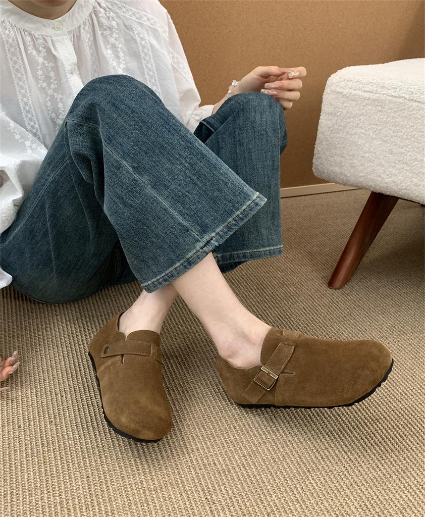 2025 Autumn and Winter New Leather Cow Velvet Outer Wear Full Bag Head Loafer Half Slippers Flat Bottom Loafer Single Shoes Women