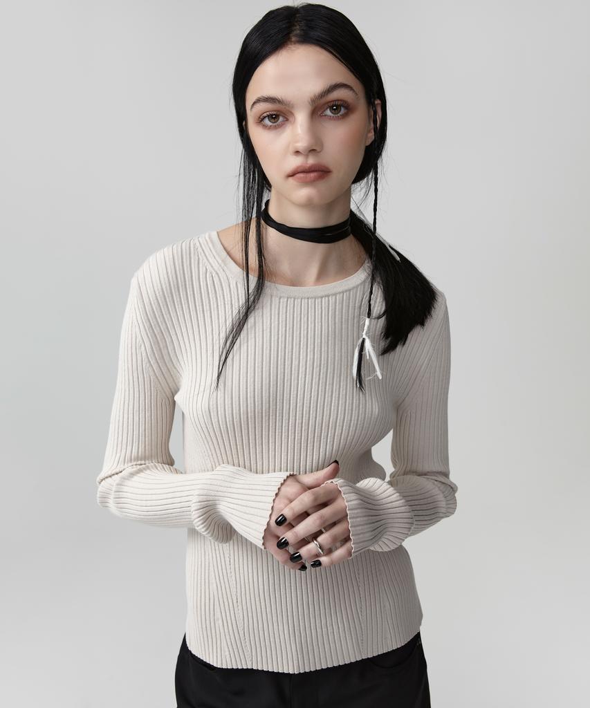 EAN JO Back Strap Ribbed Knit Top (Cream Beige)