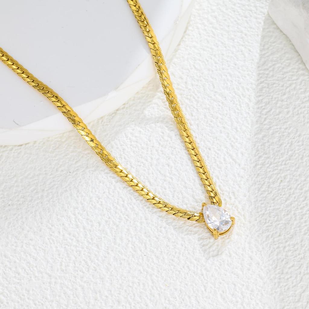 Water Drop Zircon Snake Bone Titanium Steel Necklace - Retro Summer Non-Fading Light Luxury Design