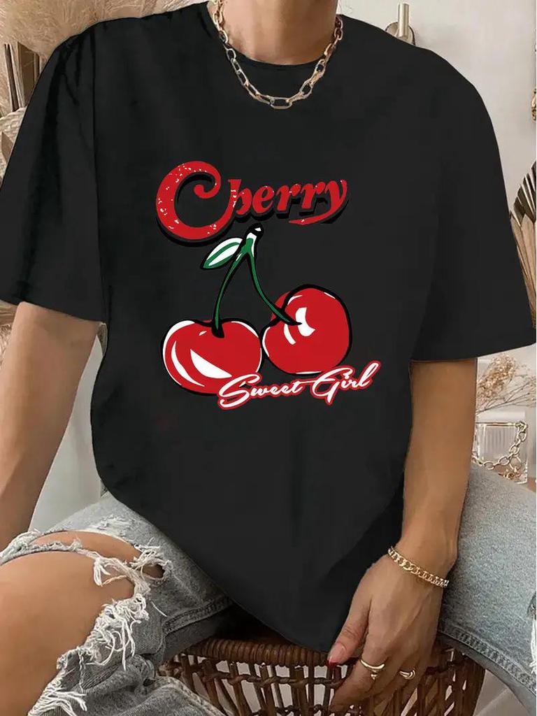 Women's Cherry Print Short-Sleeve Top with Free Shipping