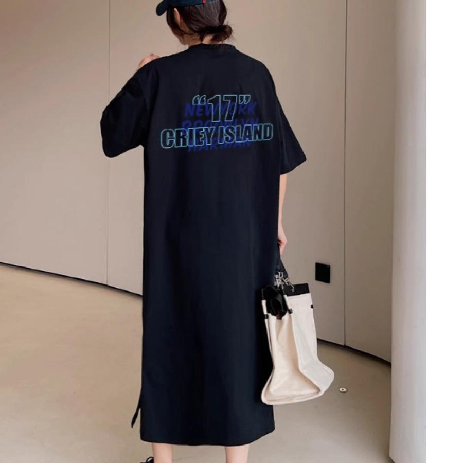 Pure cotton short-sleeved 2026 new summer loose large-size lazy skirt medium and long T-shirt skirt women's split ins dress