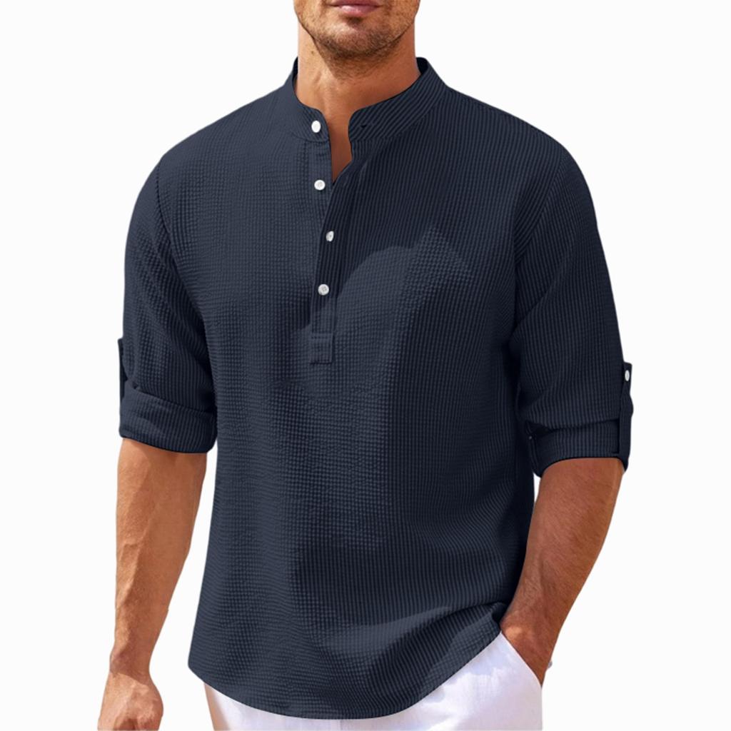 Men's Casual Long Sleeve Shirt Pullover Stand Collar Buttoned Henley Shirt Lightweight Relaxed Fit Top for Daily Wear