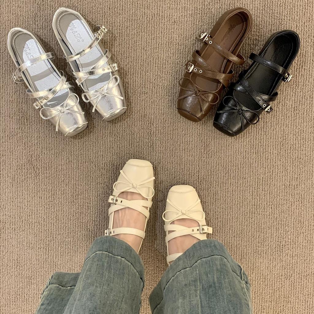 Soft-soled version~ Silver square-headed Mary Jane shoes for women's 2025 new French temperament ballet versatile small leather shoes