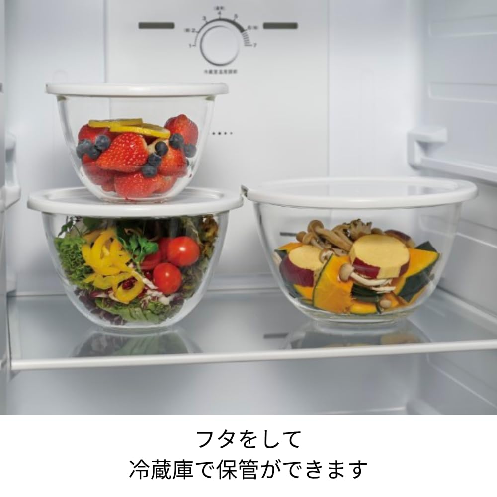 HARIO Glass Bowls with Microwave Set of 3 BUONO Kitchen Made in Heat-Resistant Lids, (900ml, 1500ml, 2200ml), Multi-Bowl, Clear, Japan, MXPF-4904-W