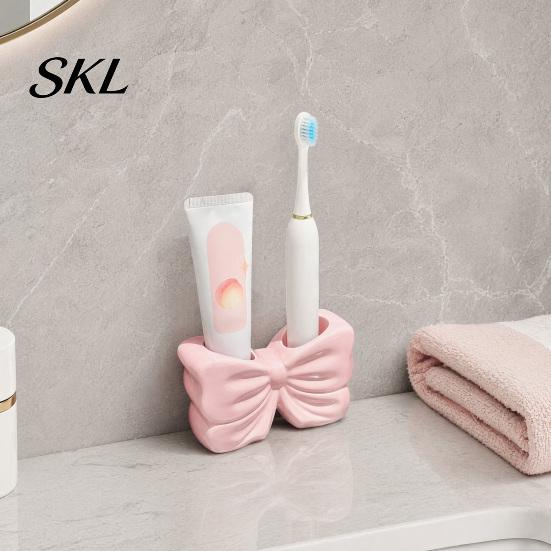 Double Hole Bathroom Holder 3D Printed Bow Toothbrush Holder, Adhesive Cup with Dual Holes for Counter Organizer & Toothpaste, Cute Decor, Minimalist