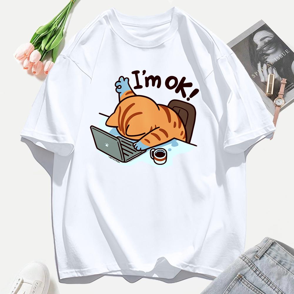 A Cat That Persists In Work Print Women T Shirts Casual Hip Hop Tees Tops Multicolor Cotton Sportswear Loose Short Sleeve Female