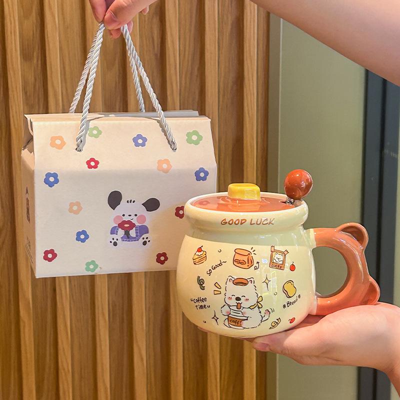 Birthday Gift Cute Cream Puppy Water Cup Girls Ceramic Mug with Lid Girlfriend Children Practical Souvenir