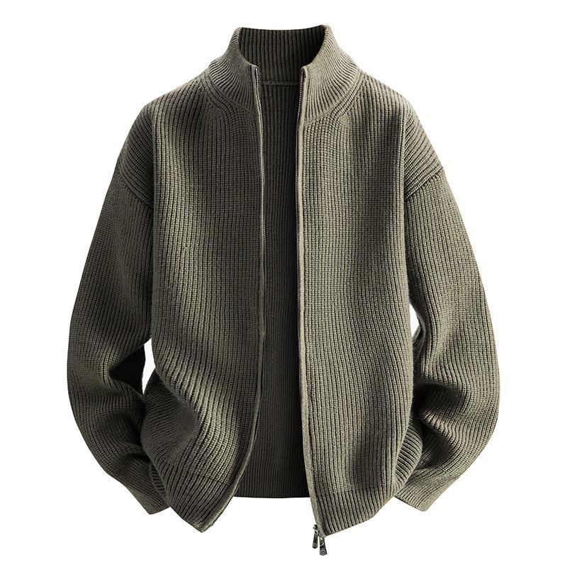 Men's Stand Collar Knitted Cardigan Sweater - Winter Trend, Loose Fit, Solid Color, Zipper Closure