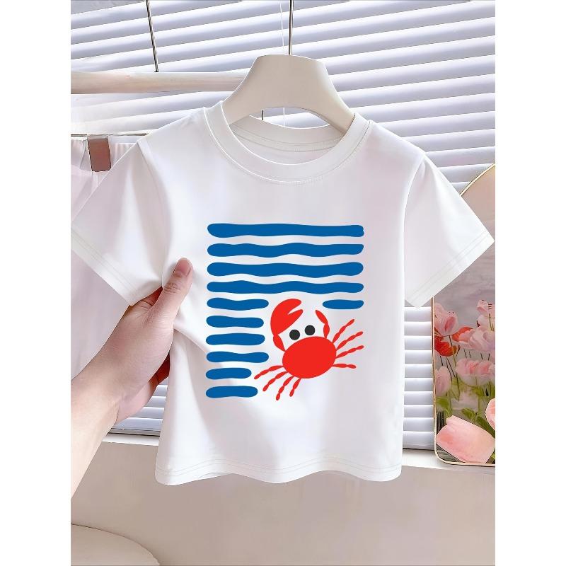 European sizes Summer Beach Vacation "Crab" Letter/Cartoon Print, Girls' Clothing Short Sleeve T-Shirt, Suitable for Summer Season Cool And Breathable