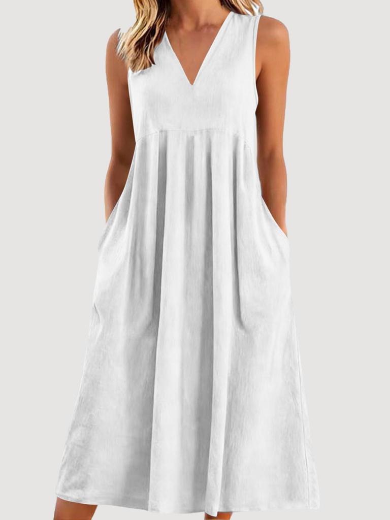 Europäisch-Amerikanisches Retro V-Ausschnitt Ärmelloses Baumwoll-Leinen Taschenkleid - Lässige, Lockere Damen Frühling/Sommer Mode.