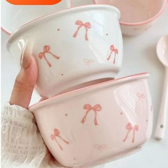 Affascinante Set di Ciotola e Piatto in Ceramica con Fiocco - Stoviglie Carine per Yogurt e Noodles Istantanei