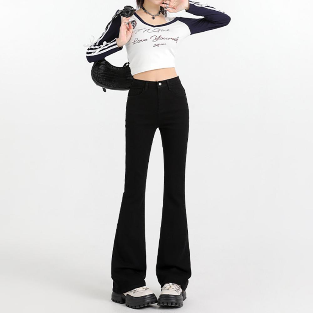 Simple Korean Version of High-waisted Micro-flared Jeans for Women's Spring and Autumn New Thin and Micro-mop Horseshoe Jeans