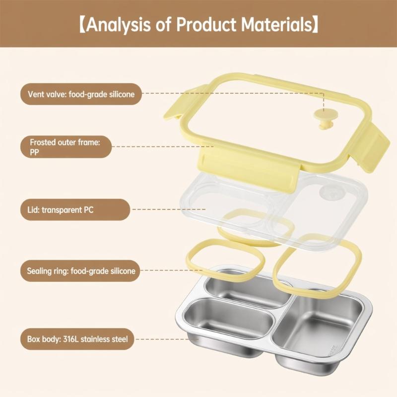 Clear Lid Lunch Box with 316L Steel Tray, 3 Section Food Container, 0.8 Liter Capacity for Daily Lunch Use by Adults