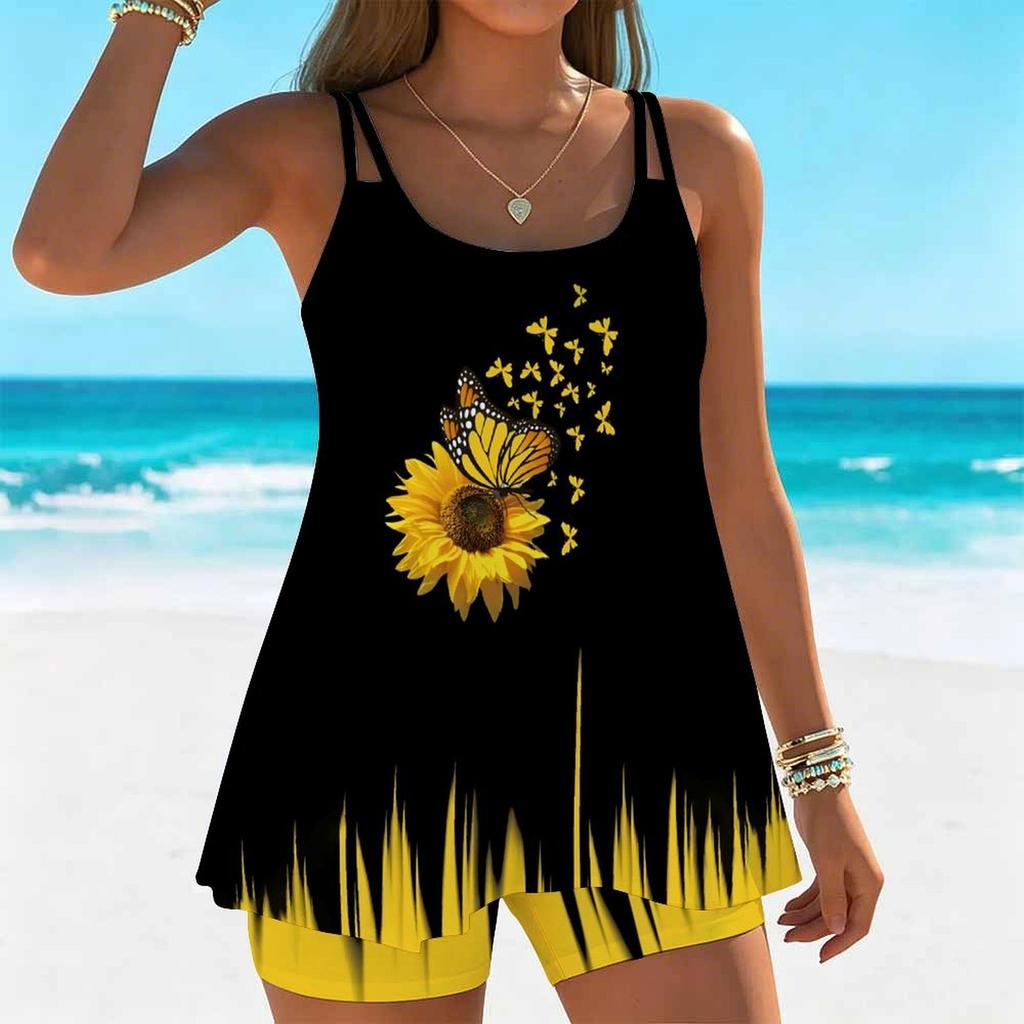 Women's Swimwear Tankini 2 Piece Swimsuit  Silhouette Flowers Pattern Vacation Bathing Suits