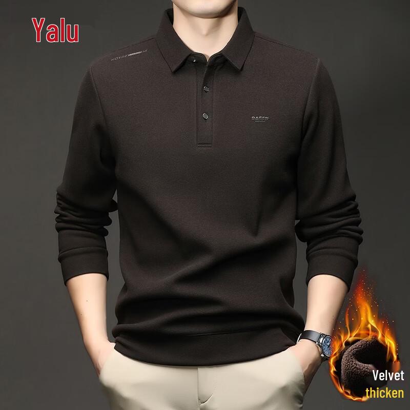 Yalu Men's Fleece-Lined Silk-Wool Blend Long-Sleeve Polo Shirt