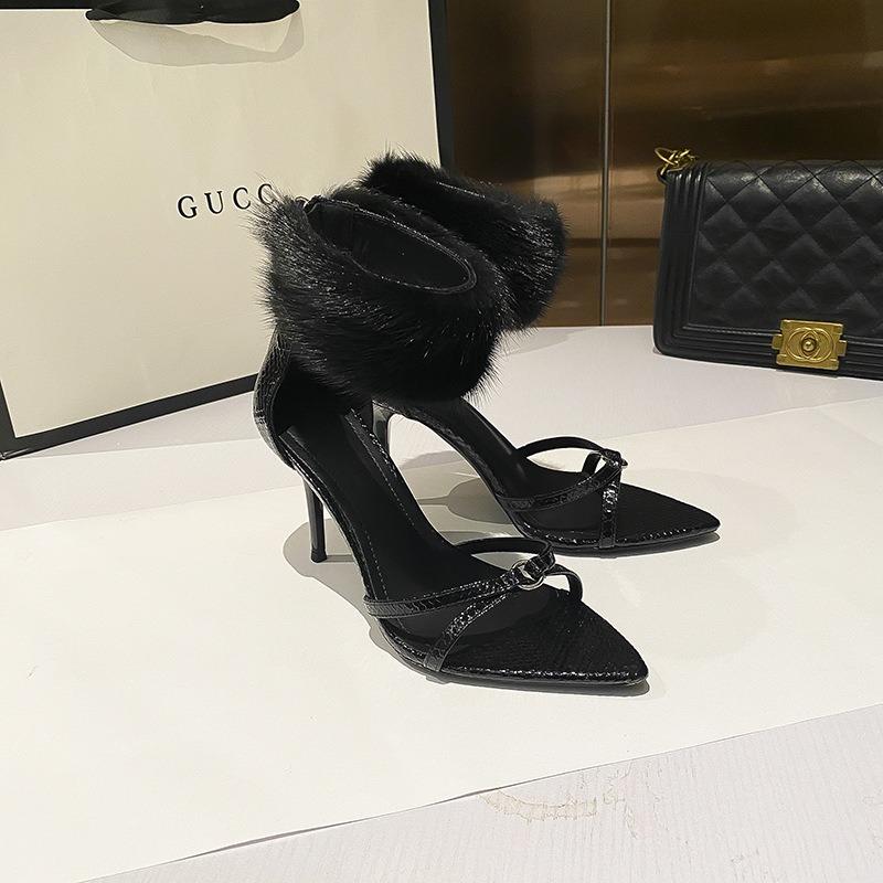 - New thin heels sexy nightclub black mink pointed head word with heels high heels sandals women