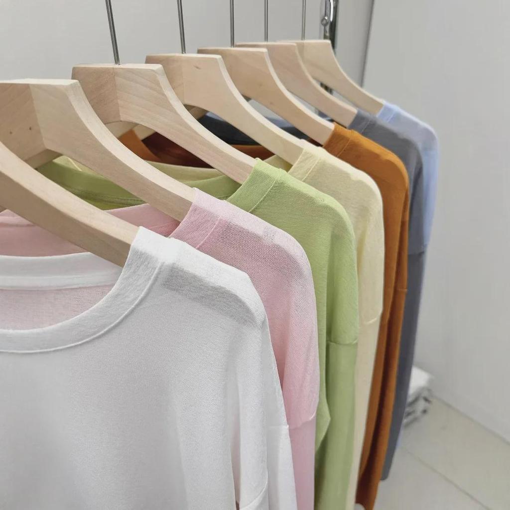 Dámská letní halenka ze síťoviny z ledového hedvábí, tenké vzdušné tričko s dlouhým rukávem, růžové