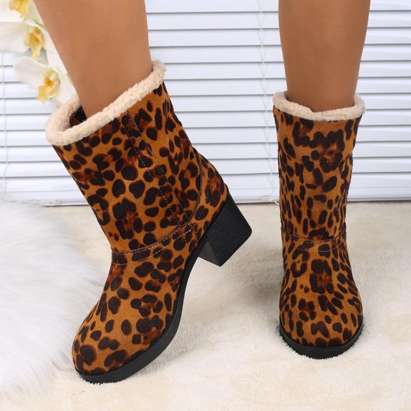 Leopard Print Block Heel Cotton Boots Winter New Round Toe Suede Soft Sole Anti-slip Wear-resistant Short-thigh Boots