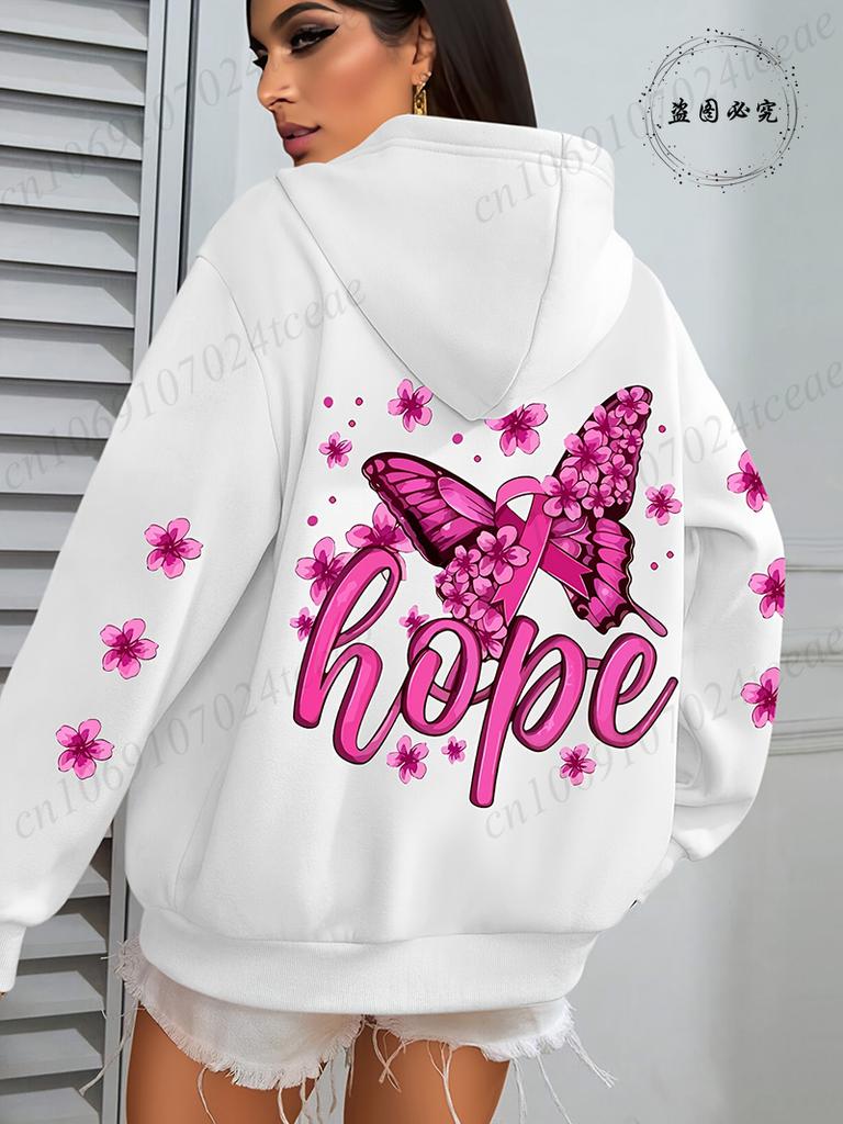 Hope Pink Ribbon Butterfly Breast Cancer Awareness Warrior Print Hoodies Women Casual Fashion Hoody Fleece Harajuku Trend Hooded