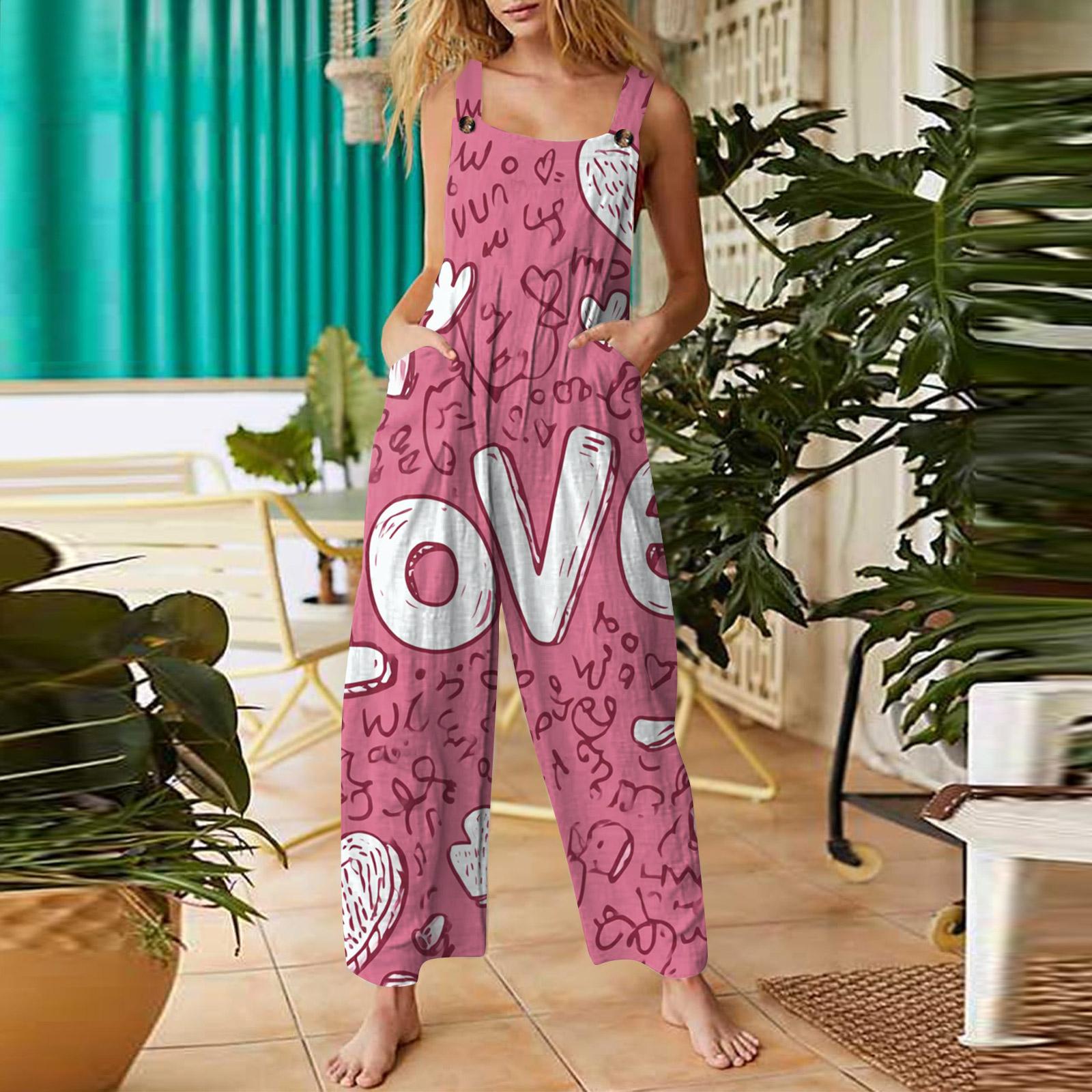 

Women s Casual Sleeveless Jumpsuit With Valentine s Day Print, Cotton Romper XXXL