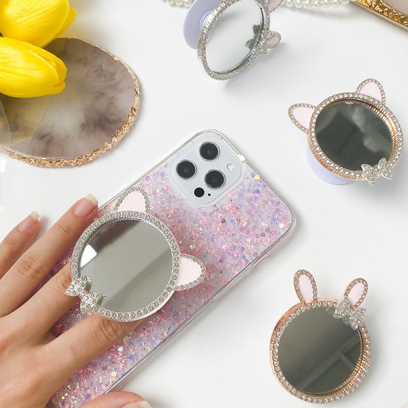 Paste Type Foldable Mobile Phone Tablet Desktop Airbag Mirror Bracket Cosmetic Mirror Diy Rhinestone Rabbit Ears Korean