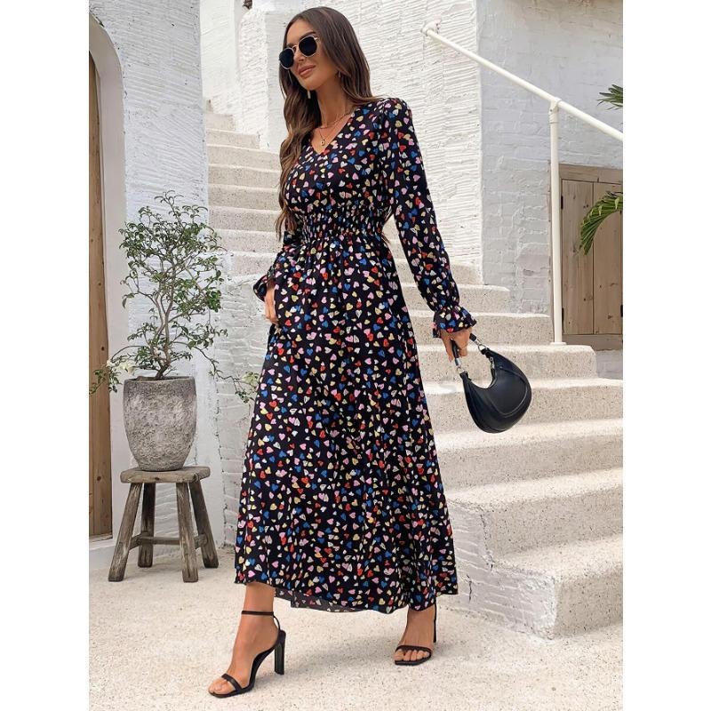 Fashion V-neck Long Sleeve Printed Loose Women Dress Spring Autumn Elegant A-line Party Long Versatile Dress Slim Fit Holiday Women's Clothing
