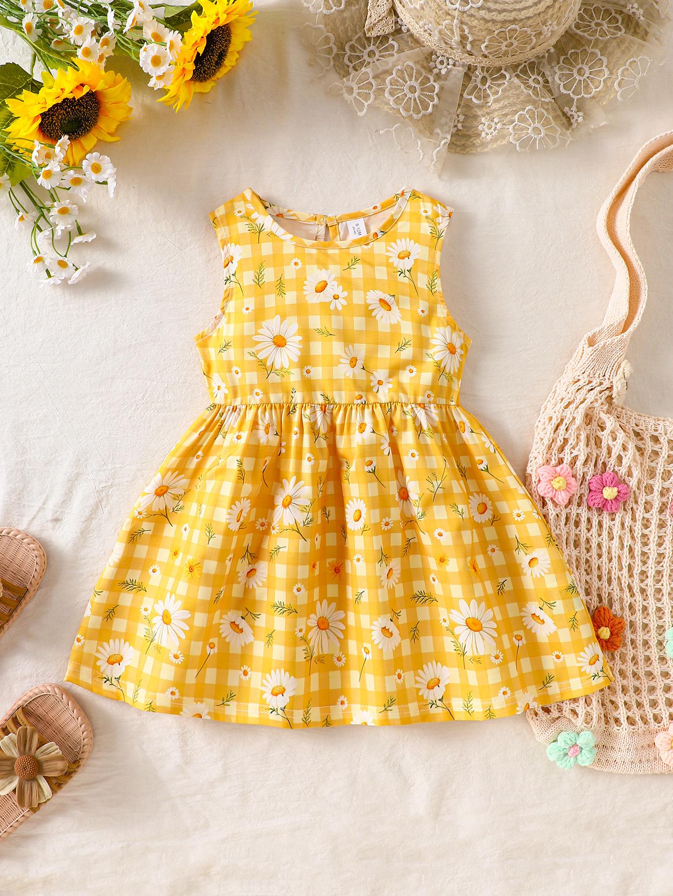 Girls Sleeveless Gingham Daisy Dress Summer Plaid Floral Kids Sundress 80