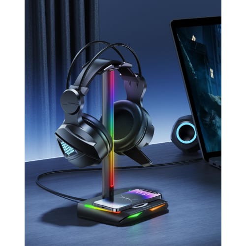 New Bee Z12 Headphone Stand, Desktop Headset Stand with RGB Lighting, Type-C and USB Ports for Data Transfer/Charging, Wired Headphone Holder, Easy As