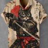 Japanese Style Samurai Cat 3d Print Hawaiian Shirt Men Women Fashion Single-breasted Anime Shirt Short Sleeve Blouse Men Clothes
