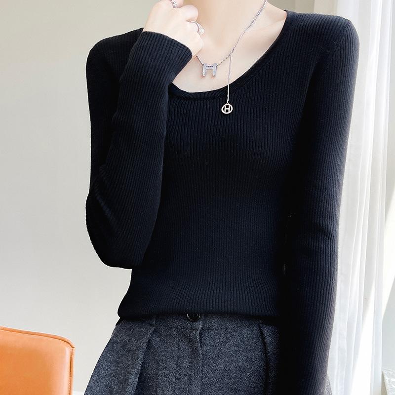 

Свитер с круглым вырезом, облегающий лонгслив, внутренний топ с большим U-образным вырезом, вязаный свитер, новинка начала осени, базовый, универсальный, однотонный, нижняя рубашка для женщин One size чёрный