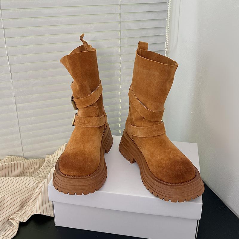 Fashion New High Quality Pleated Boots Women Nude Faux Suede Mid Boots Ladies Retro Buckle Thick Soled Autumn Winter Comfort Short Boots