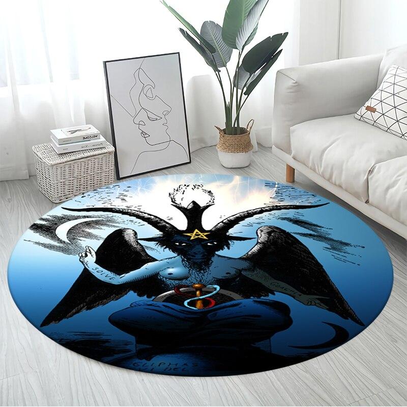 Skull Satanic Goat Pentagram Wing Demon Version Carpet Round Rugs Non-slip Area Rug for Living Room Bedroom Foot Pad Decoration