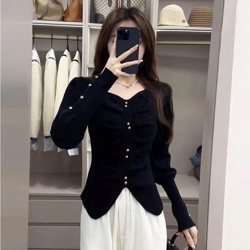 Women's High-End Chic Square Neck Ruched Knitted Sweater for Autumn/Winter